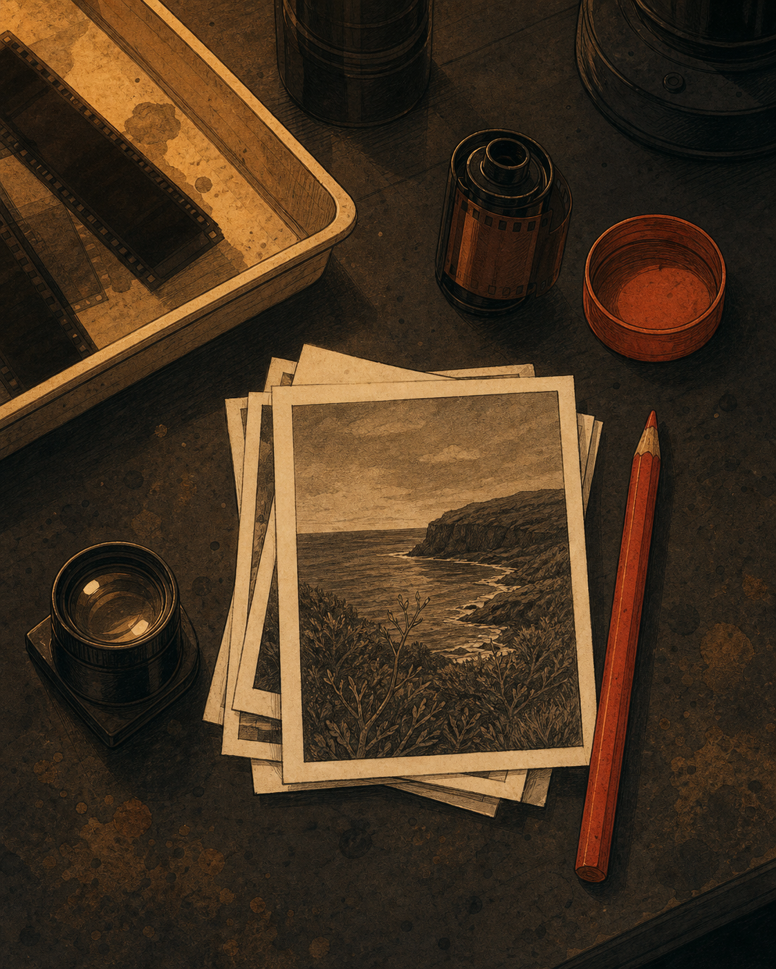 Darkroom workbench with photographs and grease pencil