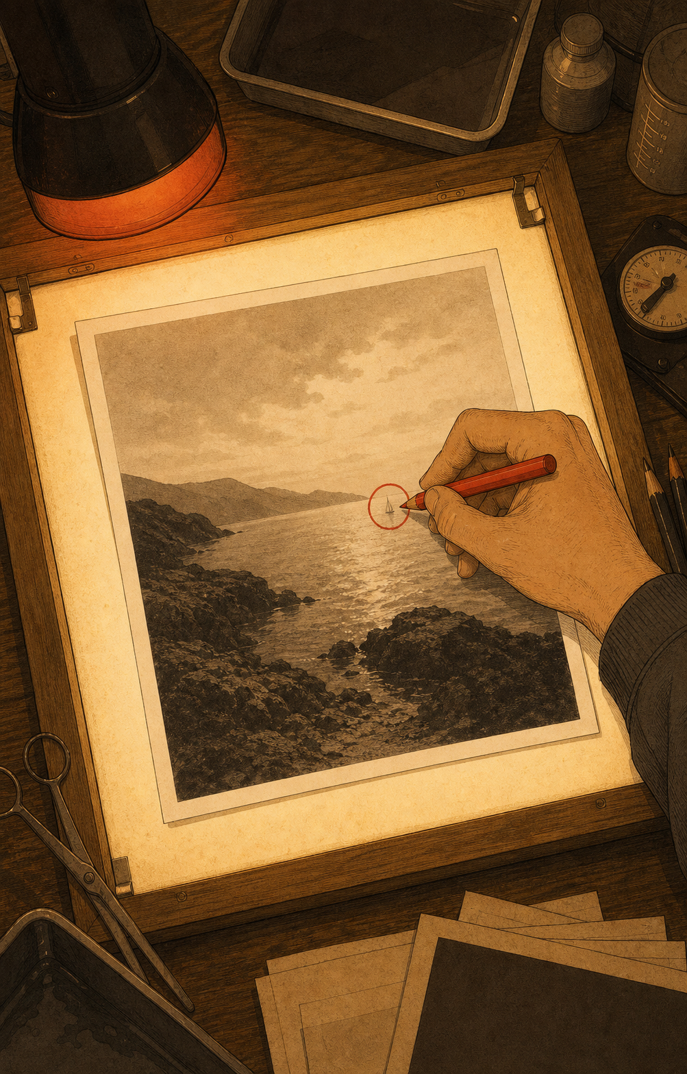 Hand marking an unwanted object on a photograph